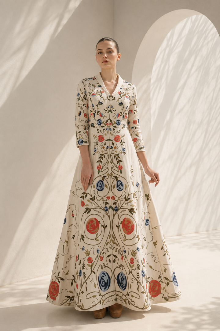Ivory Gown With Collared Floral Elegance