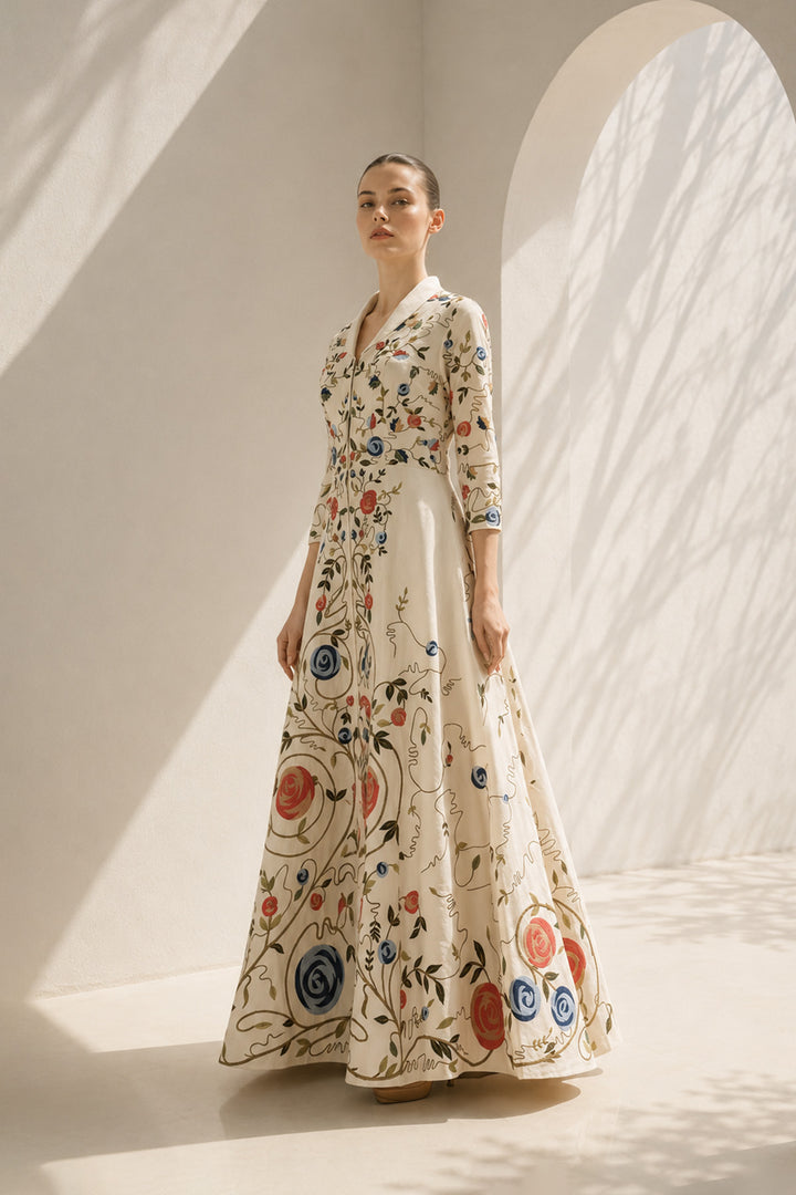 Ivory Gown With Collared Floral Elegance