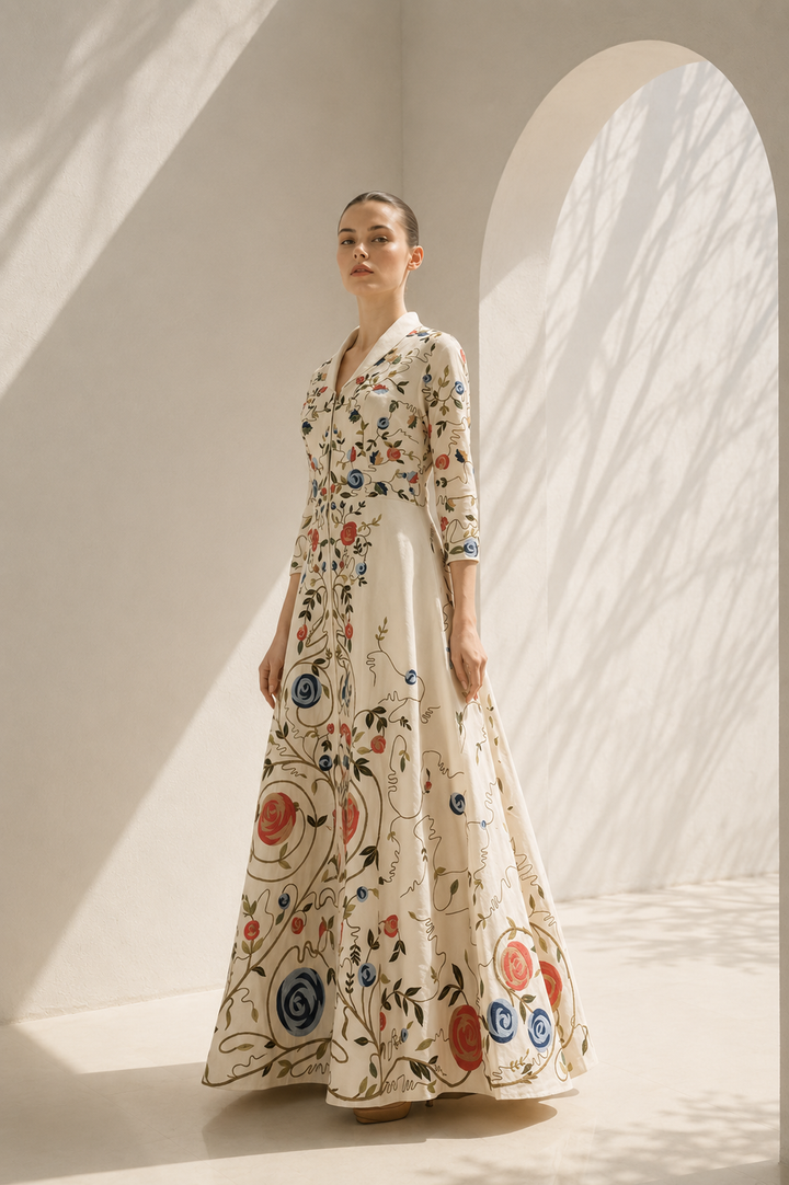 Ivory Gown With Collared Floral Elegance