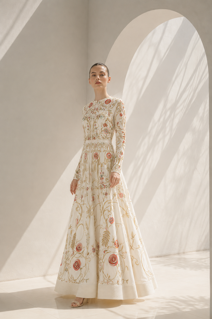 Ivory Gown With High-Collared Elegance