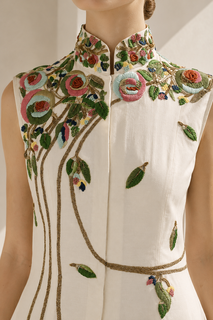 Ivory Dress With Mandarin Collar Grace