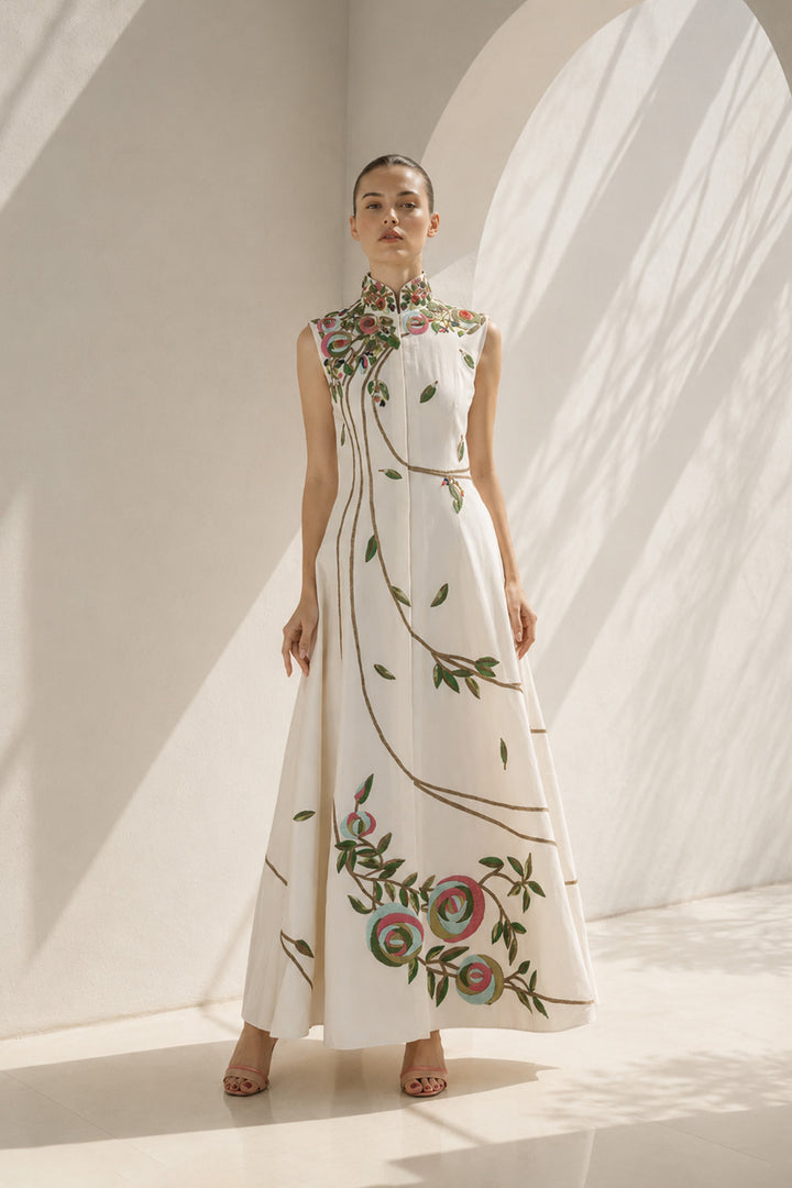 Ivory Dress With Mandarin Collar Grace