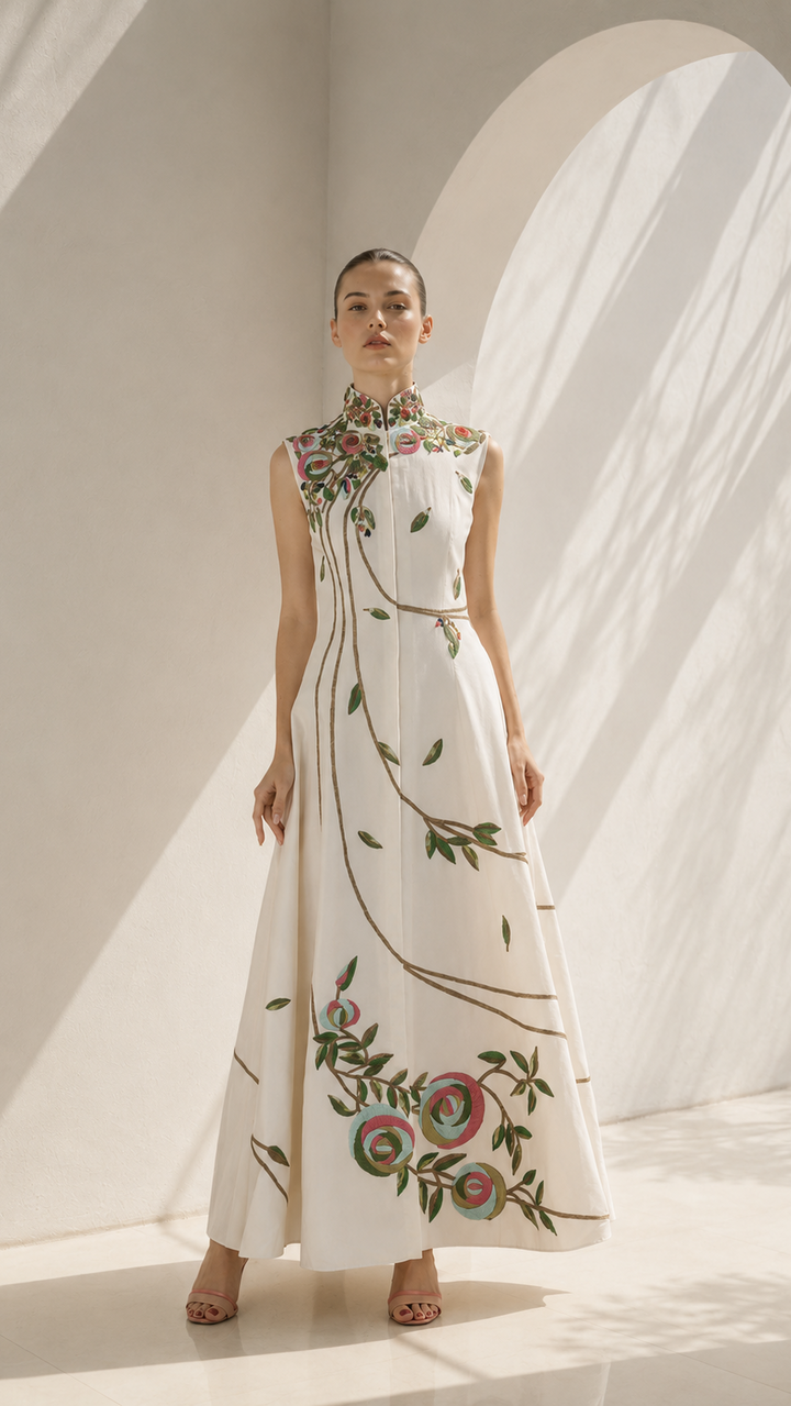 Ivory Dress With Mandarin Collar Grace