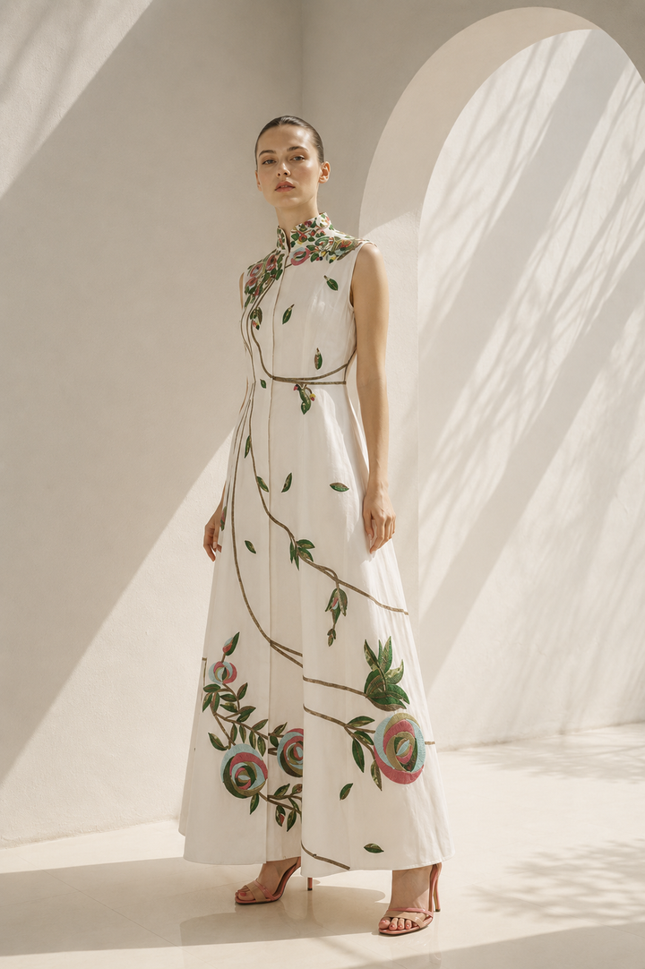 Ivory Dress With Mandarin Collar Grace