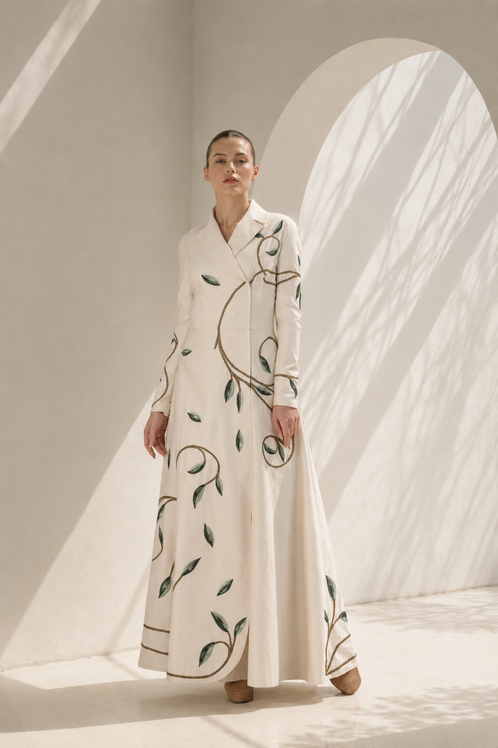 Ivory Gown With Mandarin Floral Finesse