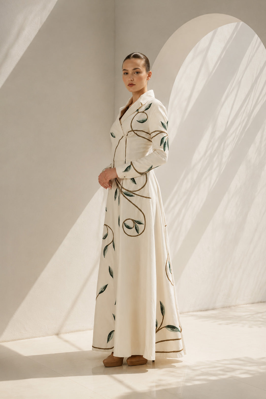 Ivory Gown With Mandarin Floral Finesse