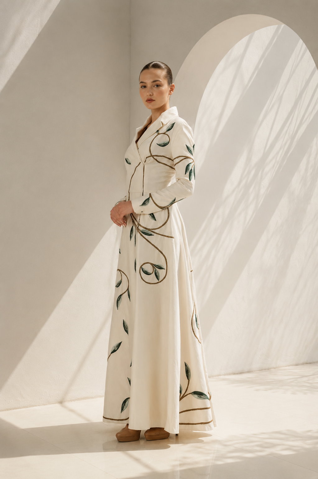 Ivory Gown With Mandarin Floral Finesse
