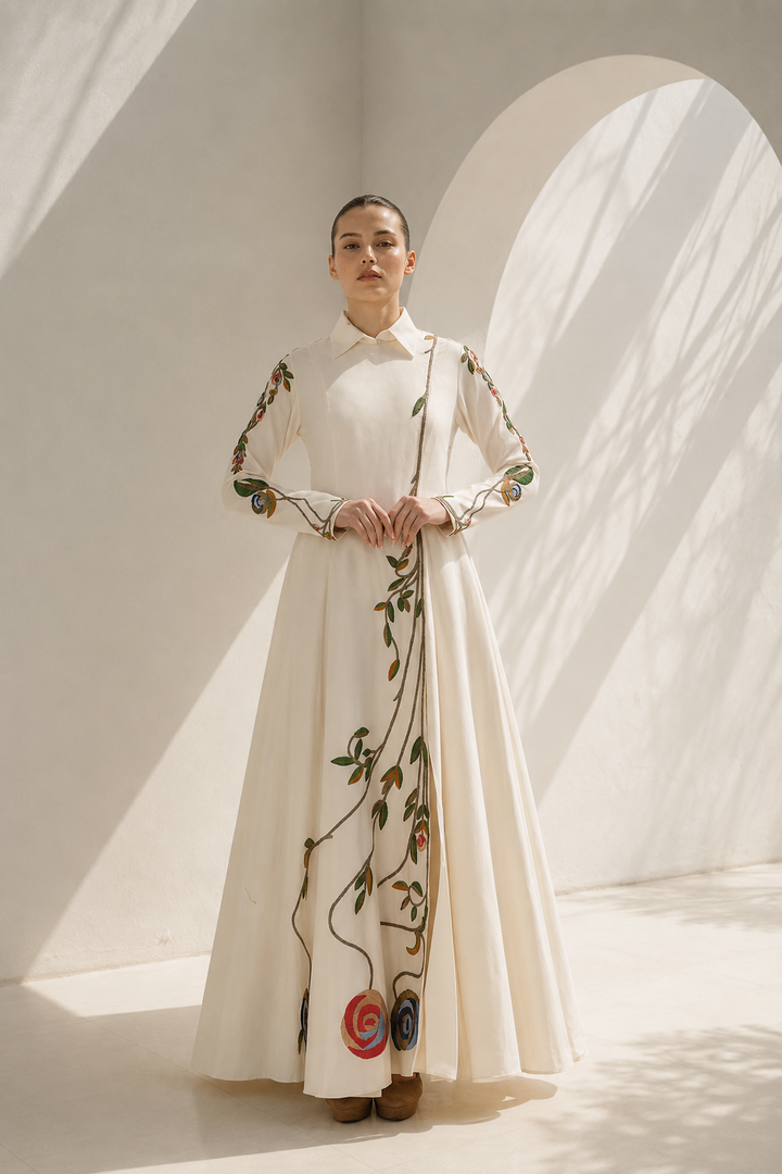 Ivory Gown With Collared Floral Grace