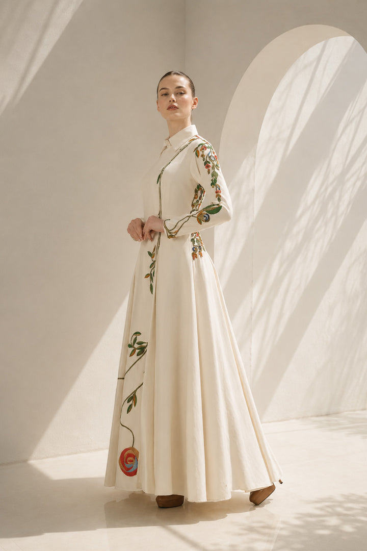 Ivory Gown With Collared Floral Grace