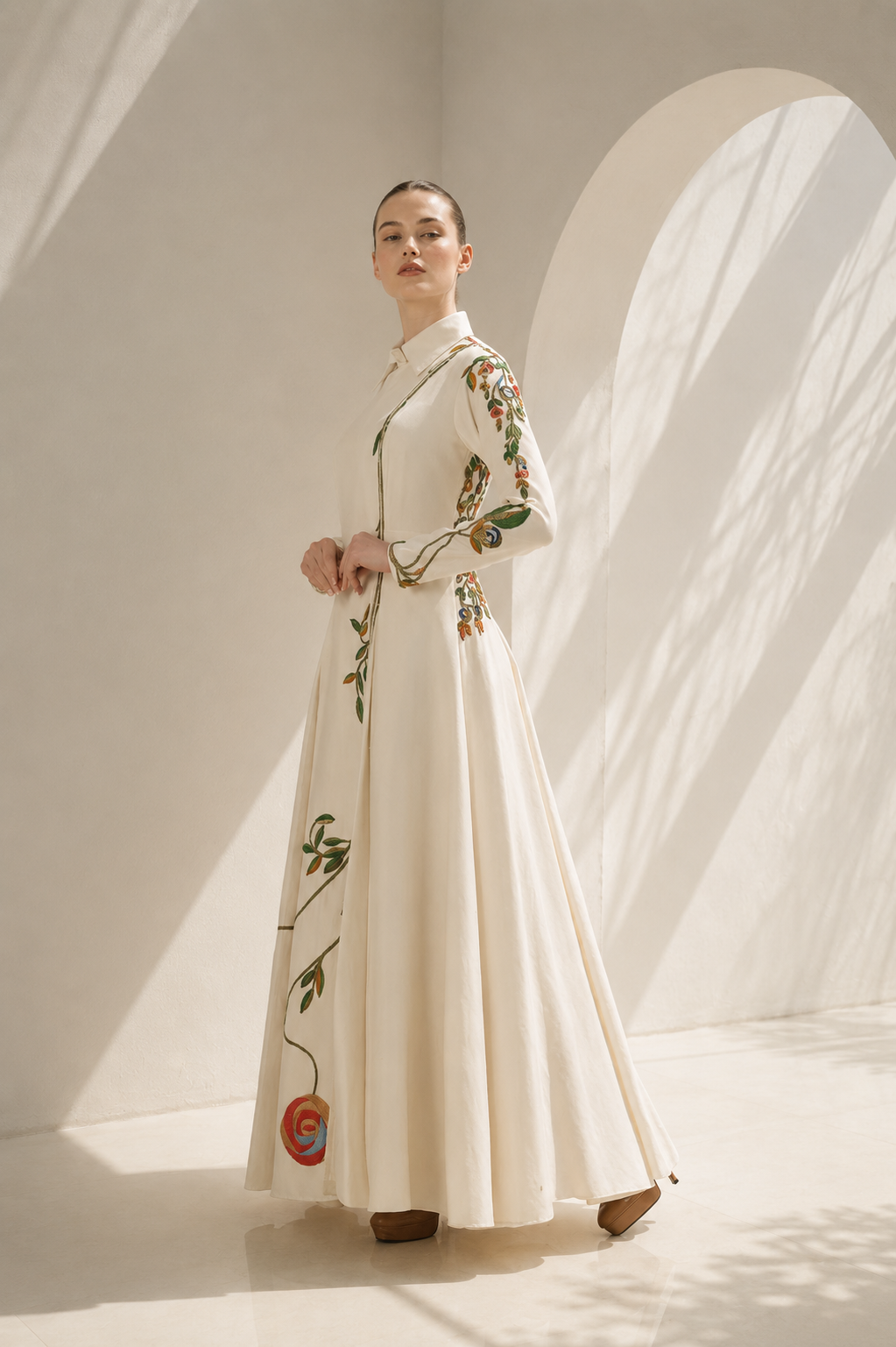 Ivory Gown With Collared Floral Grace