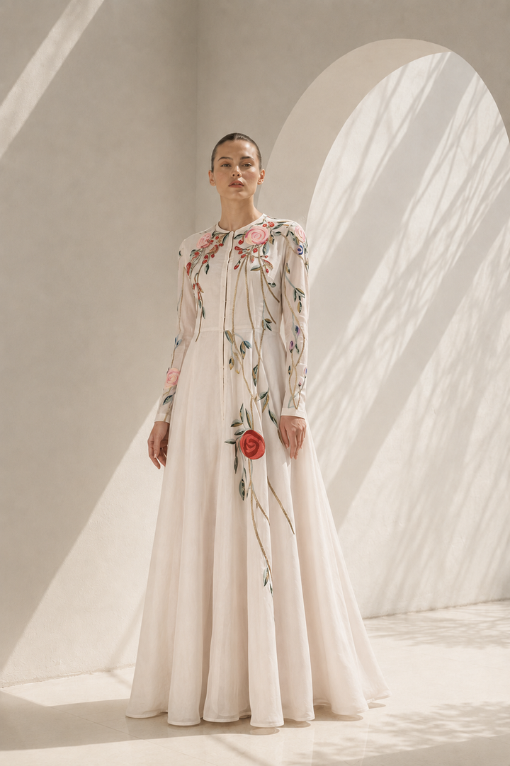 Ivory Gown With Floral Vine Detailing