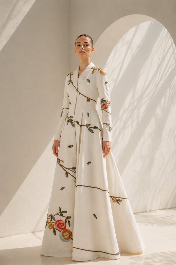 Ivory Gown With Collared Jacket Style