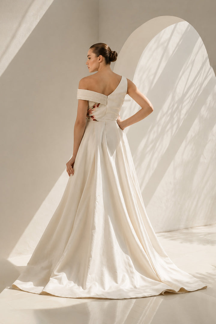 Ivory Gown With Front Slit Floral Elegance