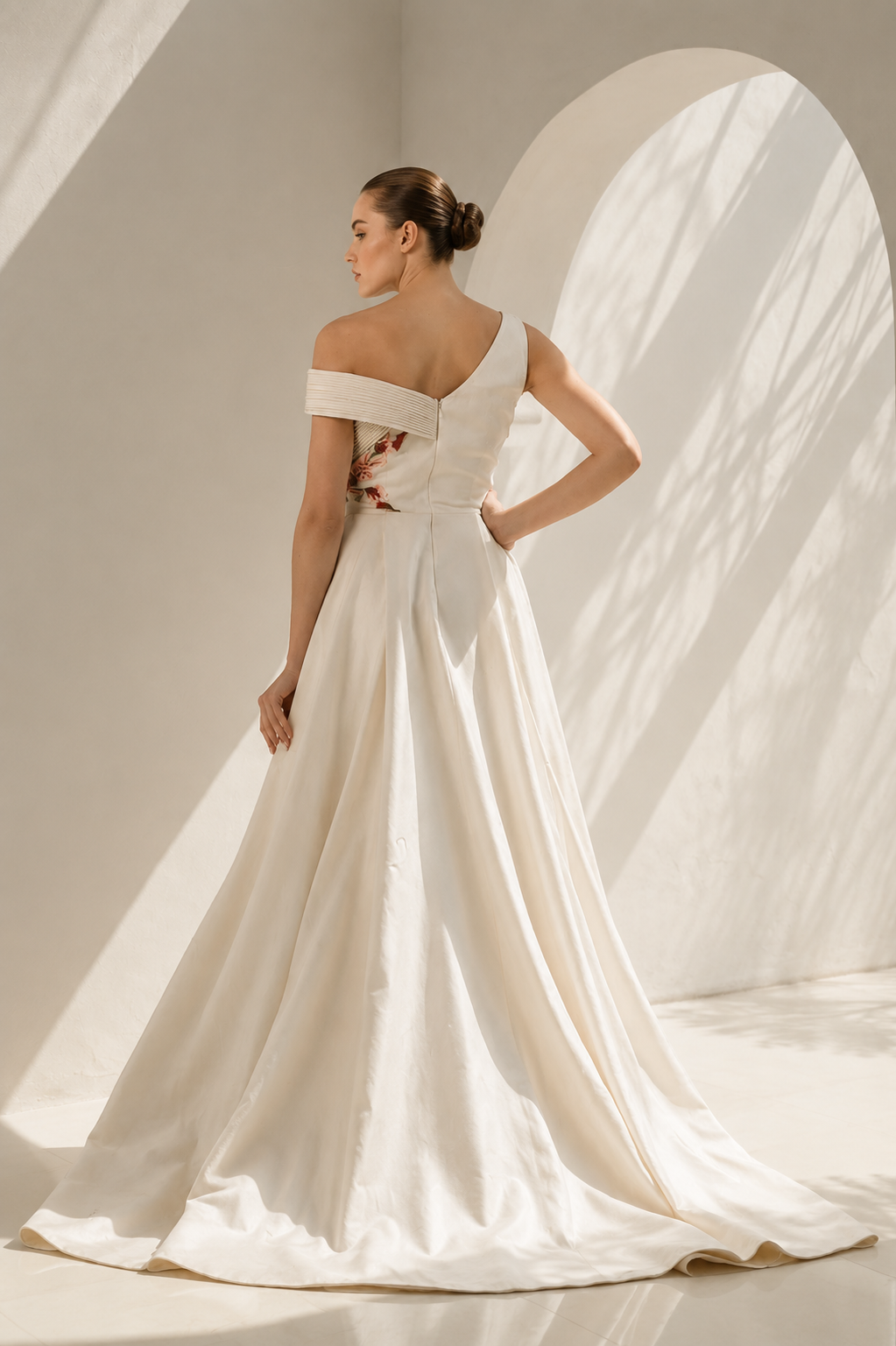 Ivory Gown With Front Slit Floral Elegance