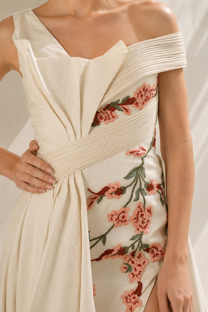Ivory Gown With Front Slit Floral Elegance