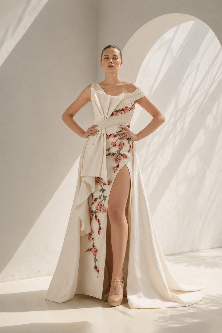 Ivory Gown With Front Slit Floral Elegance