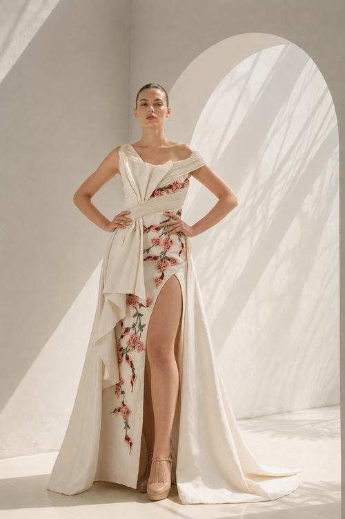 Off-shoulder Textured Embroidered Gown