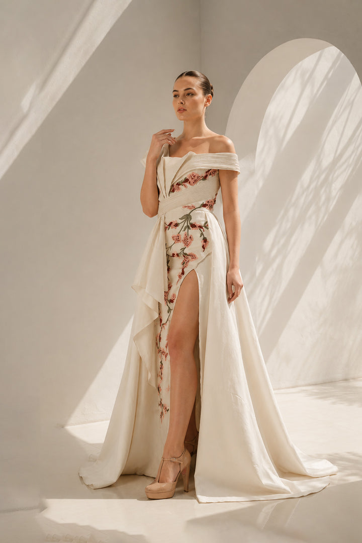 Ivory Gown With Front Slit Floral Elegance