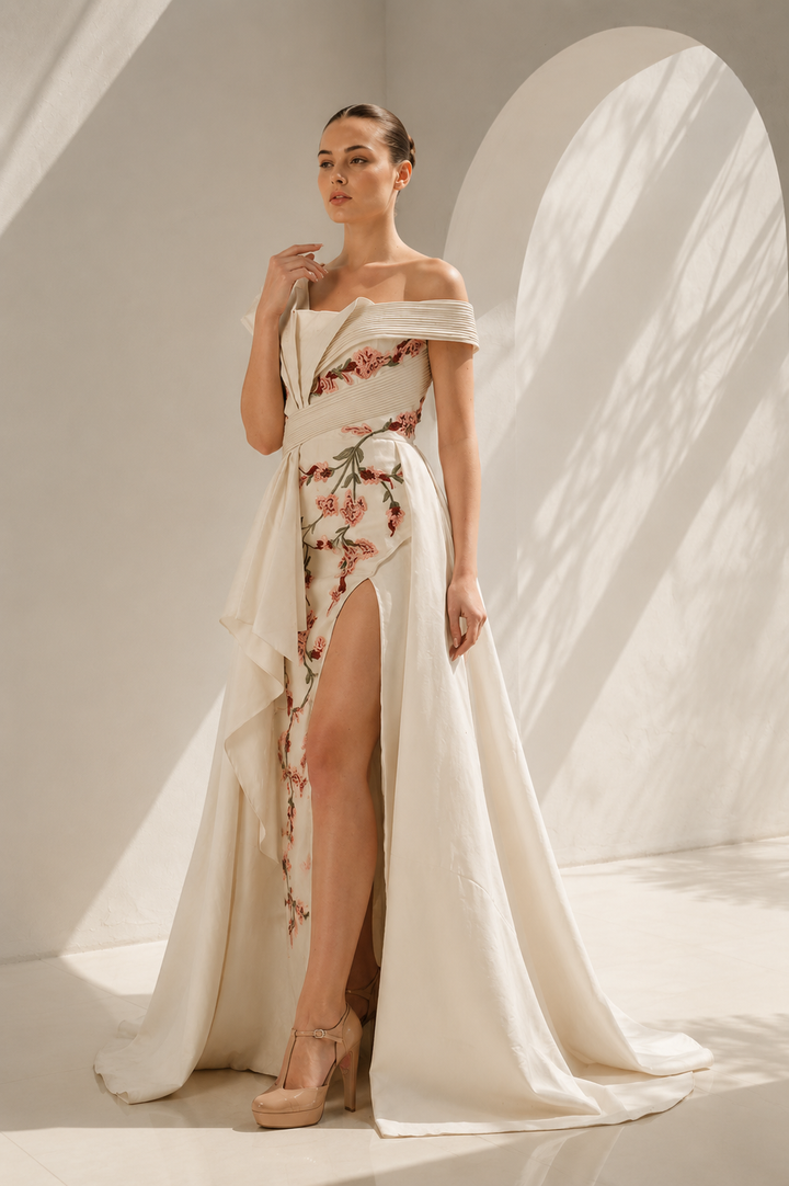 Ivory Gown With Front Slit Floral Elegance