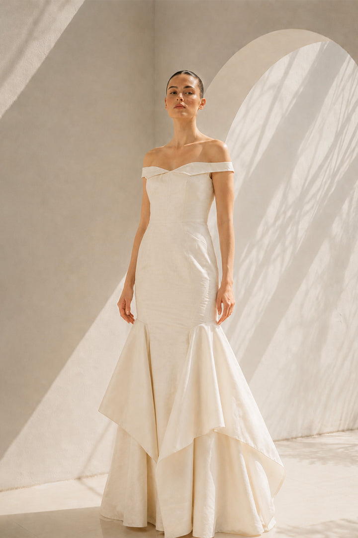 Ivory Off-Shoulder Gown With Dramatic Flair
