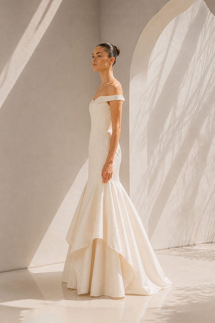 Ivory Off-Shoulder Gown With Dramatic Flair