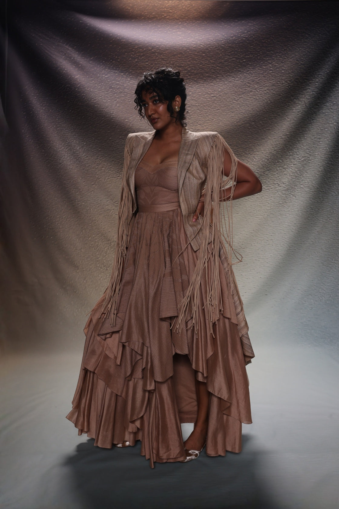 Beige Fringe Detail Layered Dress Set