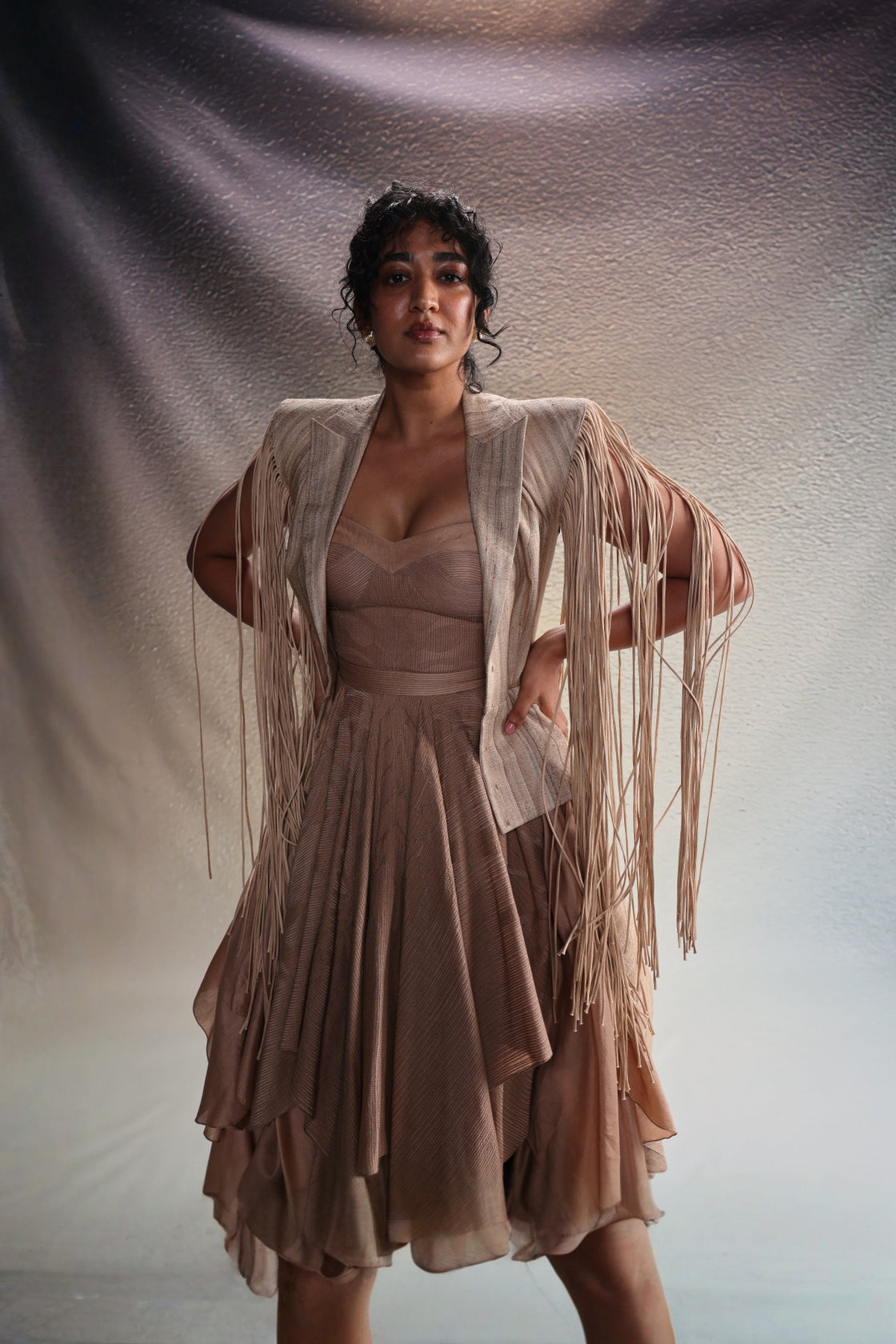 Beige Fringe Detail Layered Dress Set