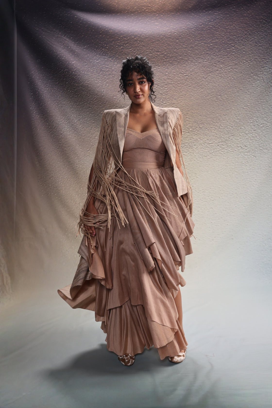 Beige Fringe Detail Layered Dress Set