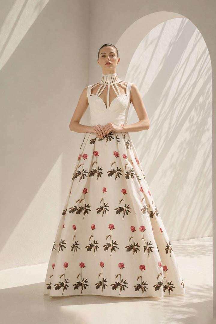 Ivory Gown With Halter Floral Detailing