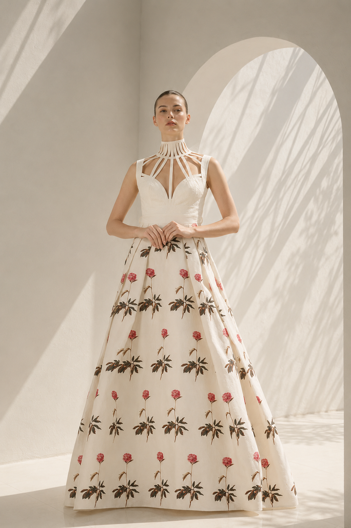 Ivory Gown With Halter Floral Detailing