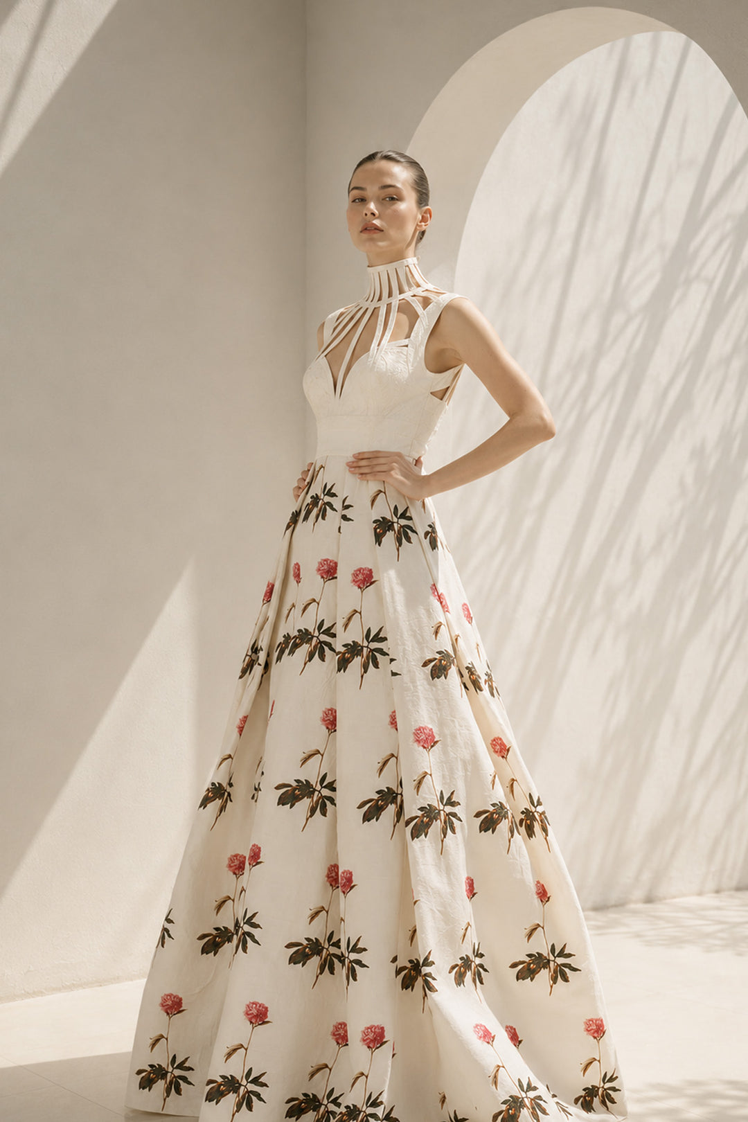 Ivory Gown With Halter Floral Detailing
