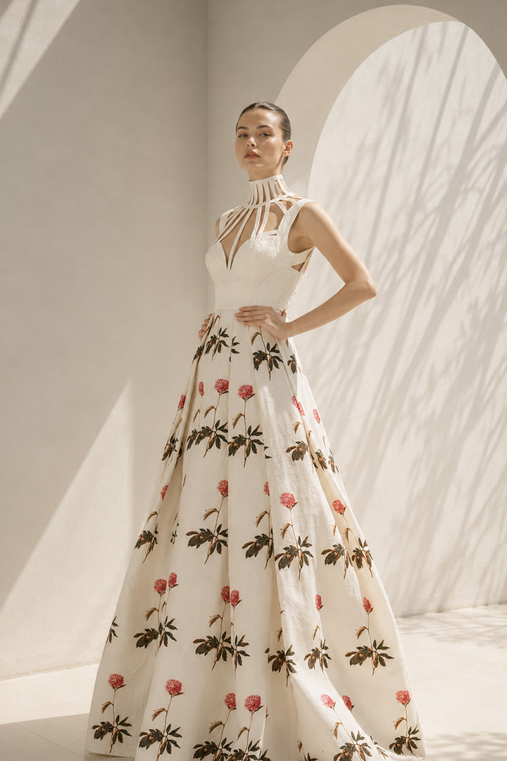 Ivory Gown With Halter Floral Detailing