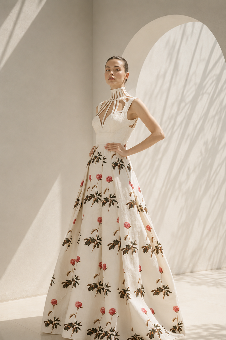 Ivory Gown With Halter Floral Detailing