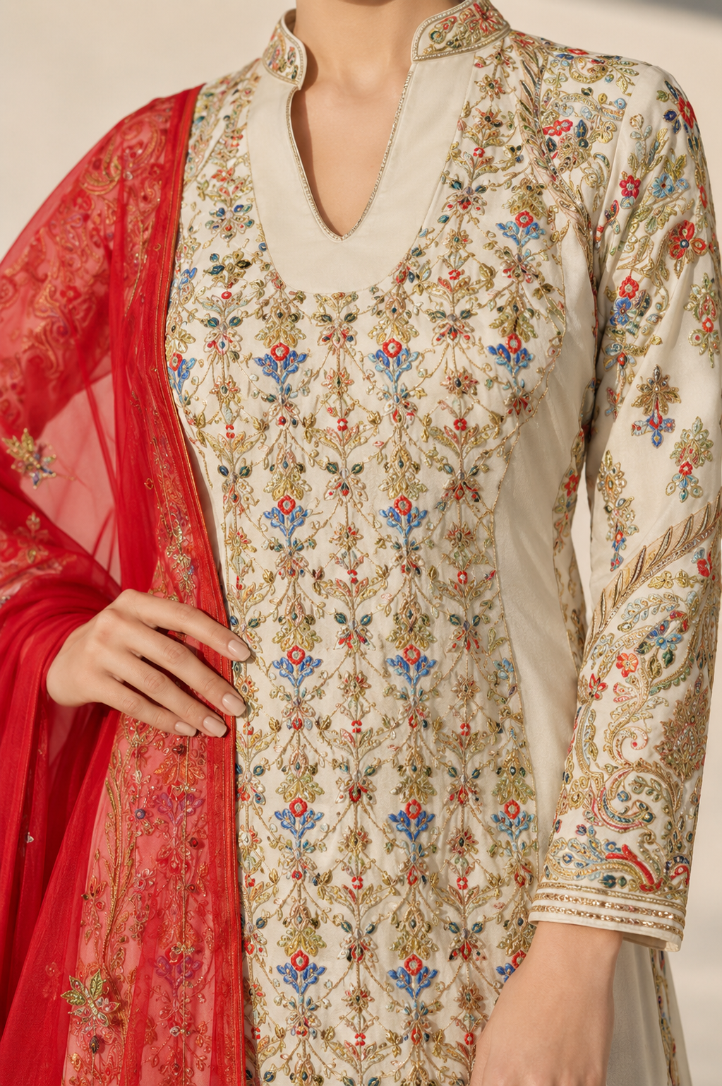 Velvet Embroidered Kurta &amp; Lehenga Set