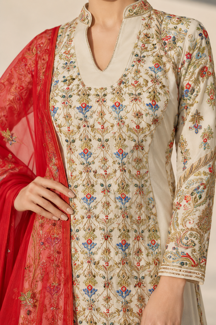 Velvet Embroidered Kurta &amp; Lehenga Set