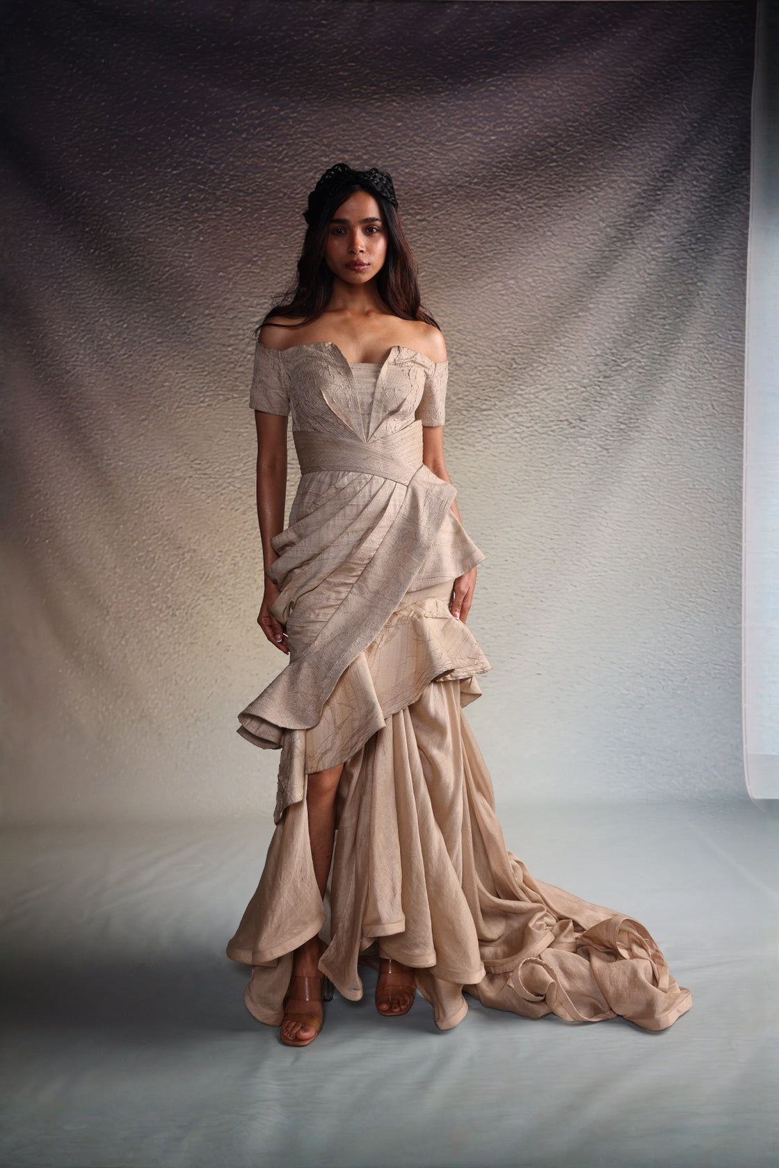 Beige Asymmetric Layered Gown