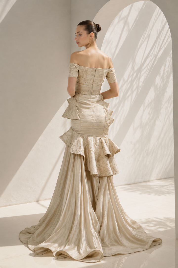 Gold Off-Shoulder Gown With Ruffled Hem