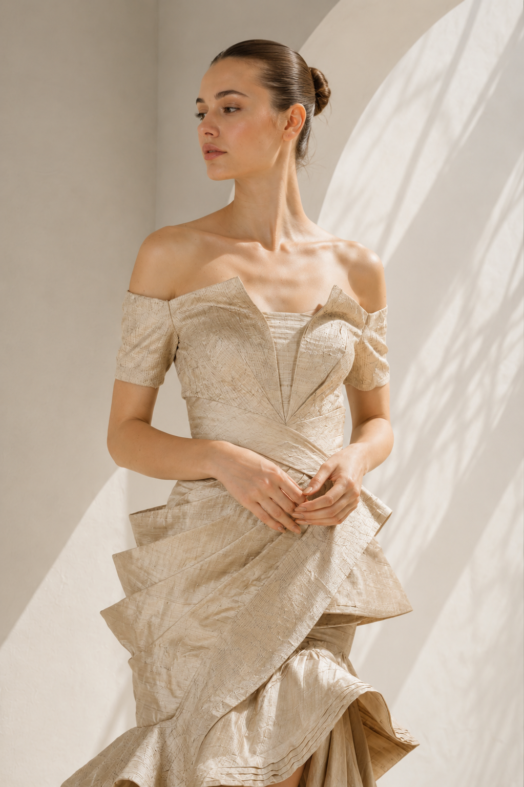 Gold Off-Shoulder Gown With Ruffled Hem