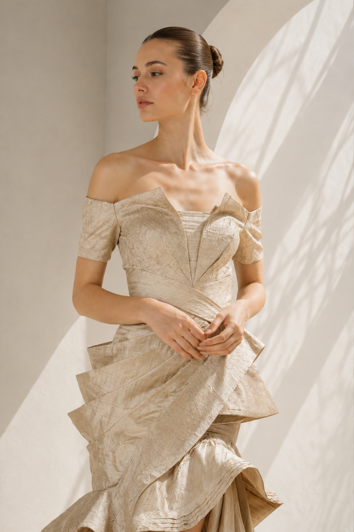 Gold Off-Shoulder Gown With Ruffled Hem