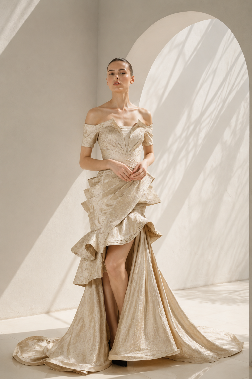 Surface Textured, Draped & Panelled Gown