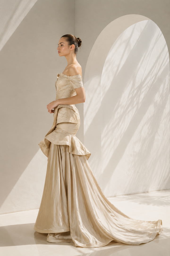 Gold Off-Shoulder Gown With Ruffled Hem
