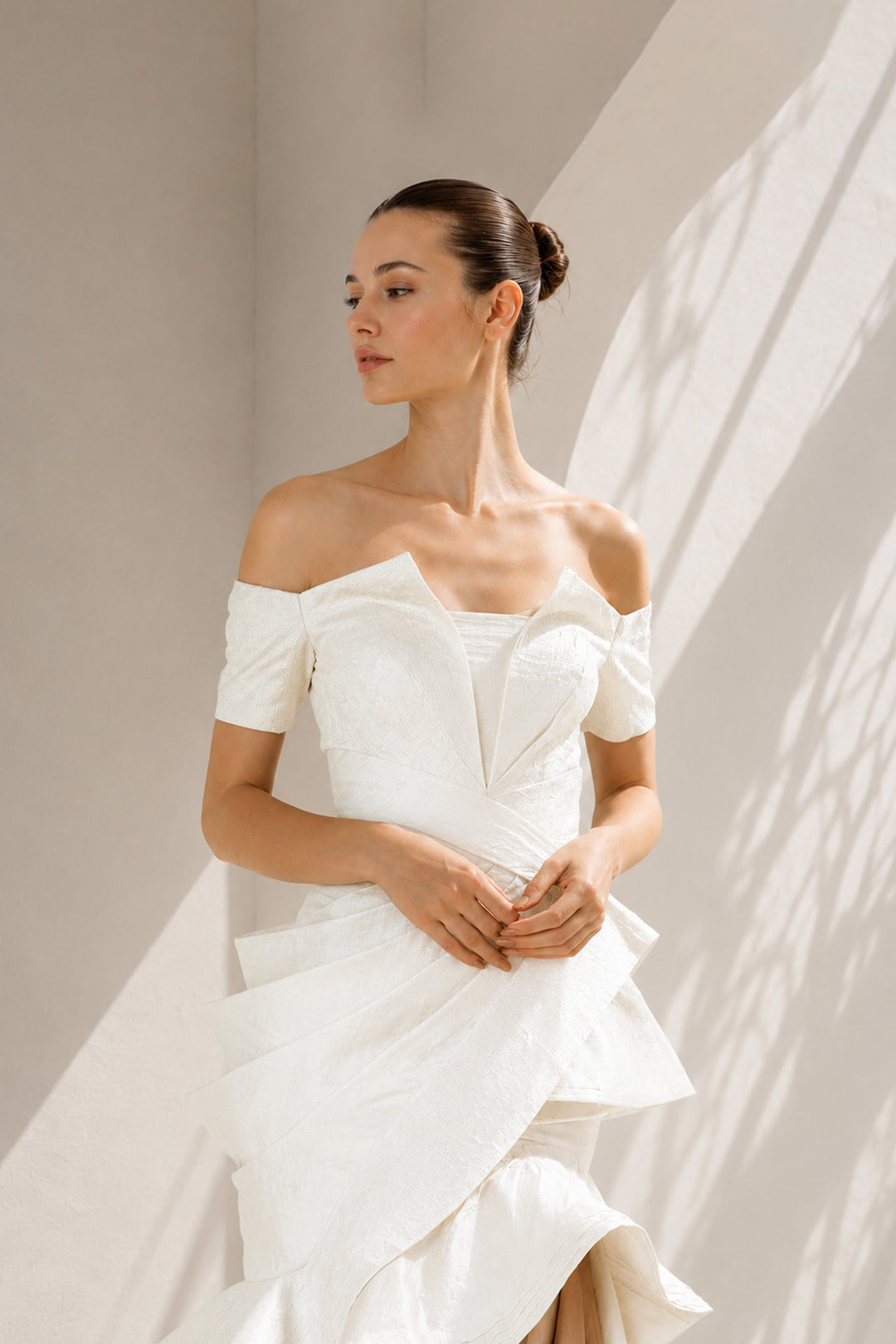 Gold Off-Shoulder Gown With Ruffled Hem