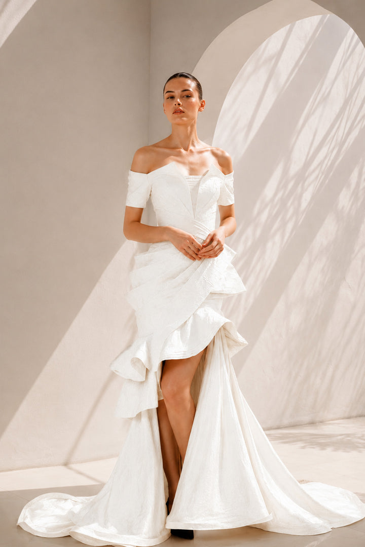 Gold Off-Shoulder Gown With Ruffled Hem