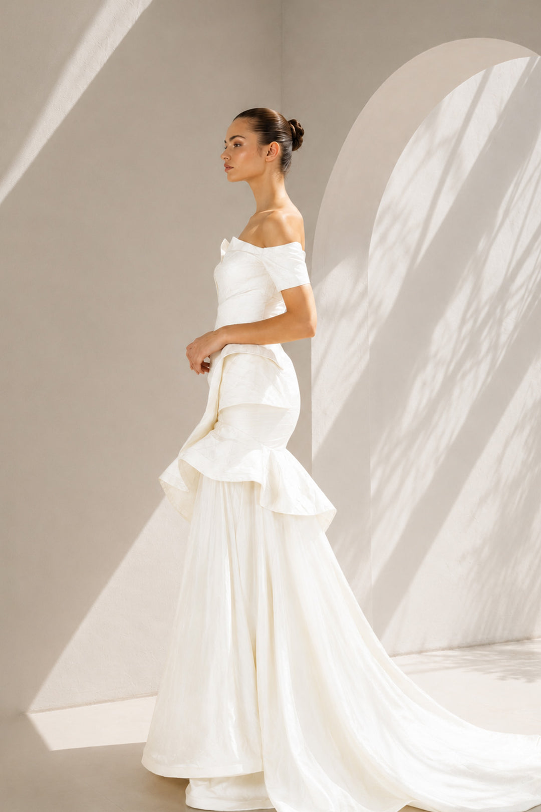 Gold Off-Shoulder Gown With Ruffled Hem
