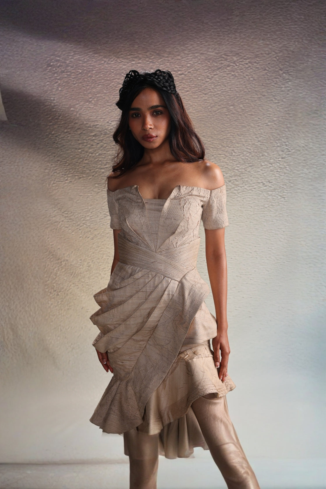 Beige Asymmetric Layered Gown
