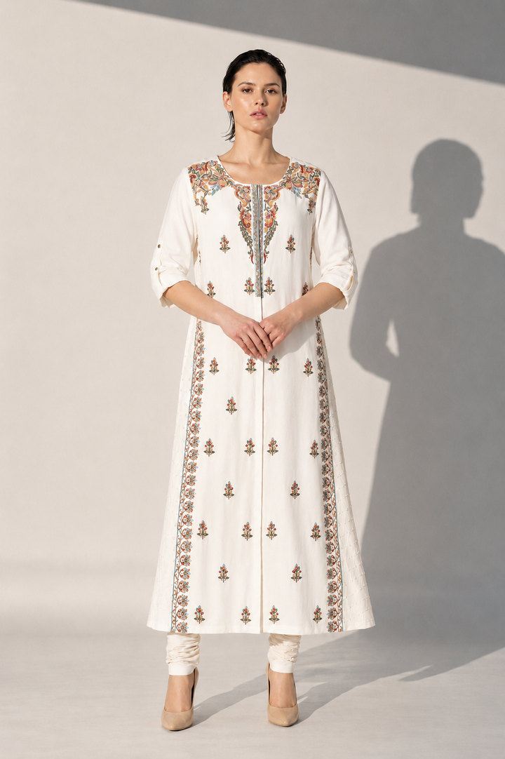 Ivory Straight Kurta With Floral Embroidered
