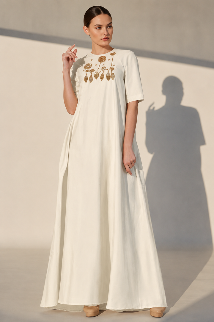 Ivory Cotton Silk Kurta With Embroidered