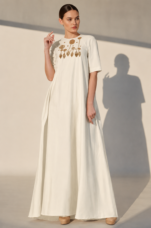 Ivory cotton silk kurta with Embroidered