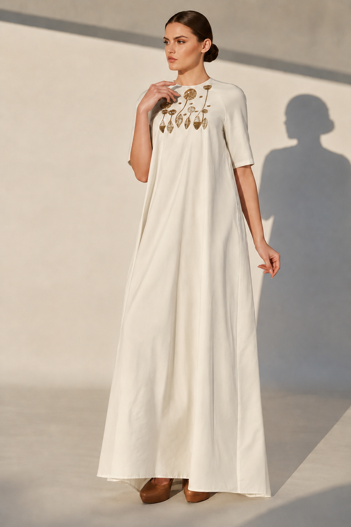 Ivory Cotton Silk Kurta With Embroidered