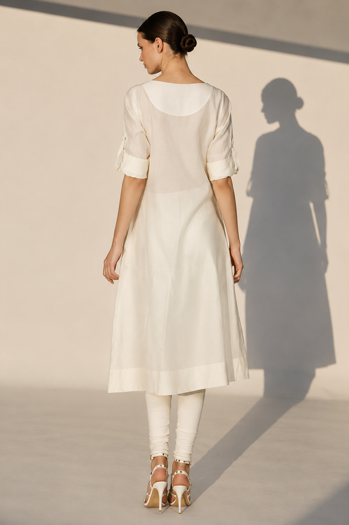 Ivory Cotton Silk Kurta With Embroidered Panelled